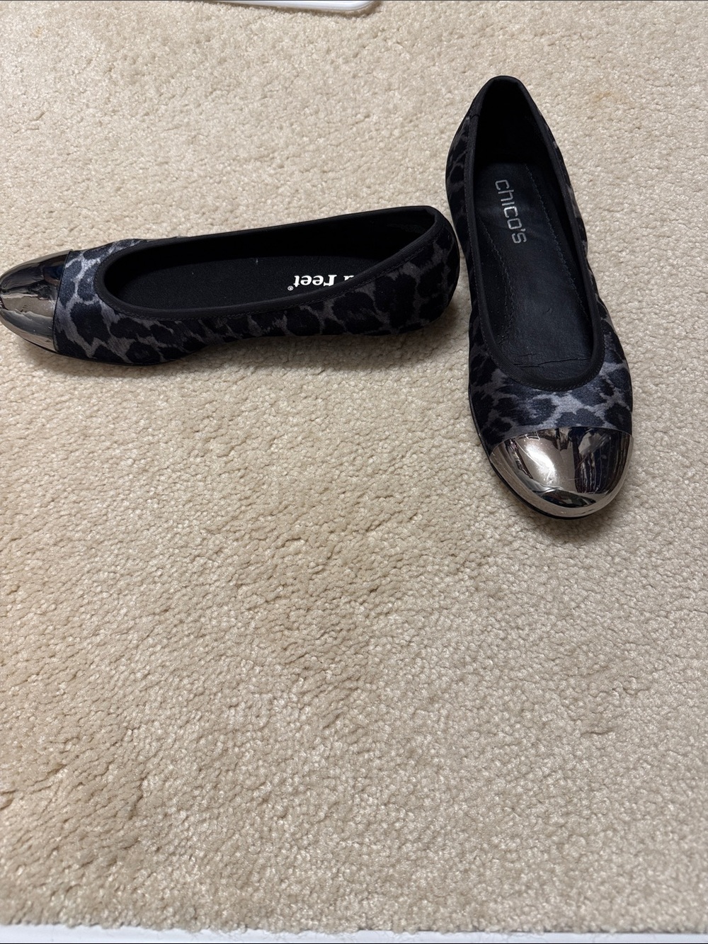 Chico's Black & Gray Leopard Ballet Flats with Silver Cap Toe